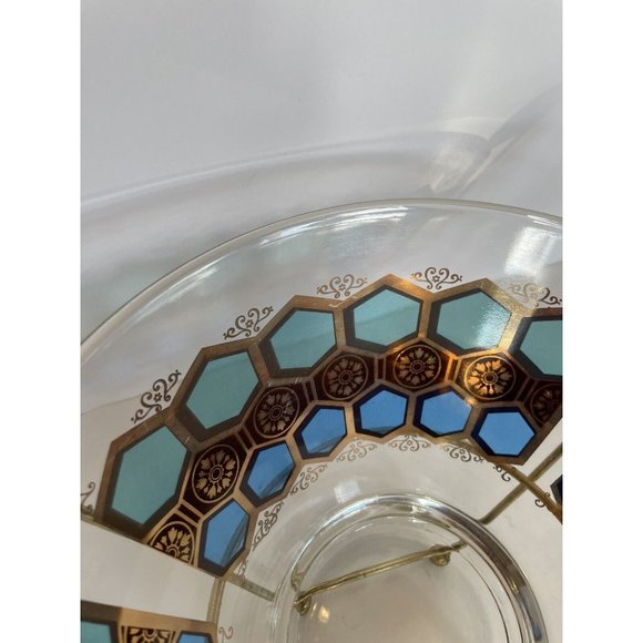 MCM Glass Salad Bowl With Wood & Metal Stand Aqua Blue & Gold Trim - Picture 4 of 12